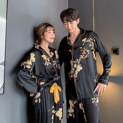 Black Imitation Silk Can Be Worn Outside Couple Pajamas Women